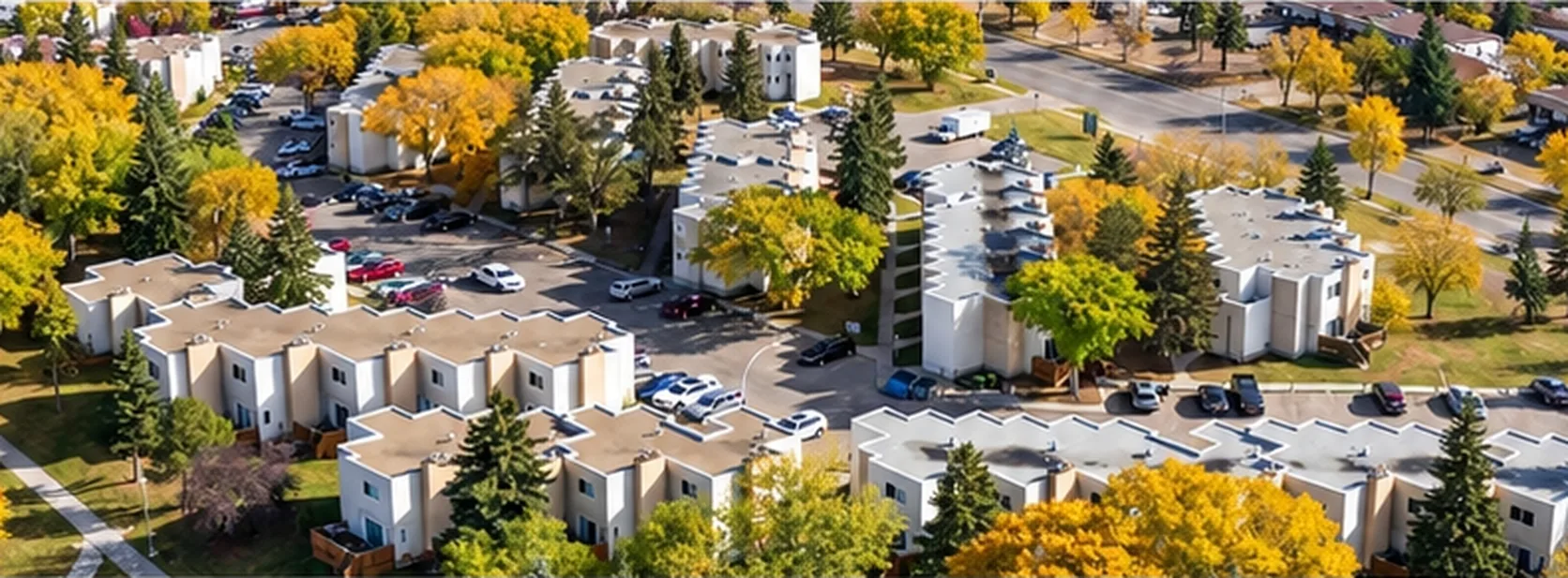 Aerial view of the Pepperwood Village townhouses, 7300 Mill Woods Road East, Edmonton
